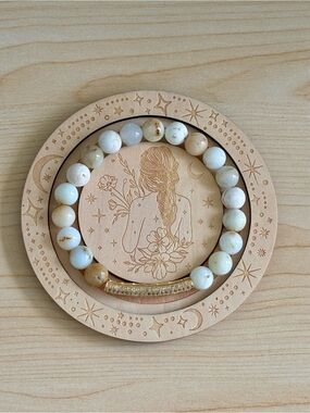 Natural White Opal Beaded Bracelet with CZ  Gold tone Bar